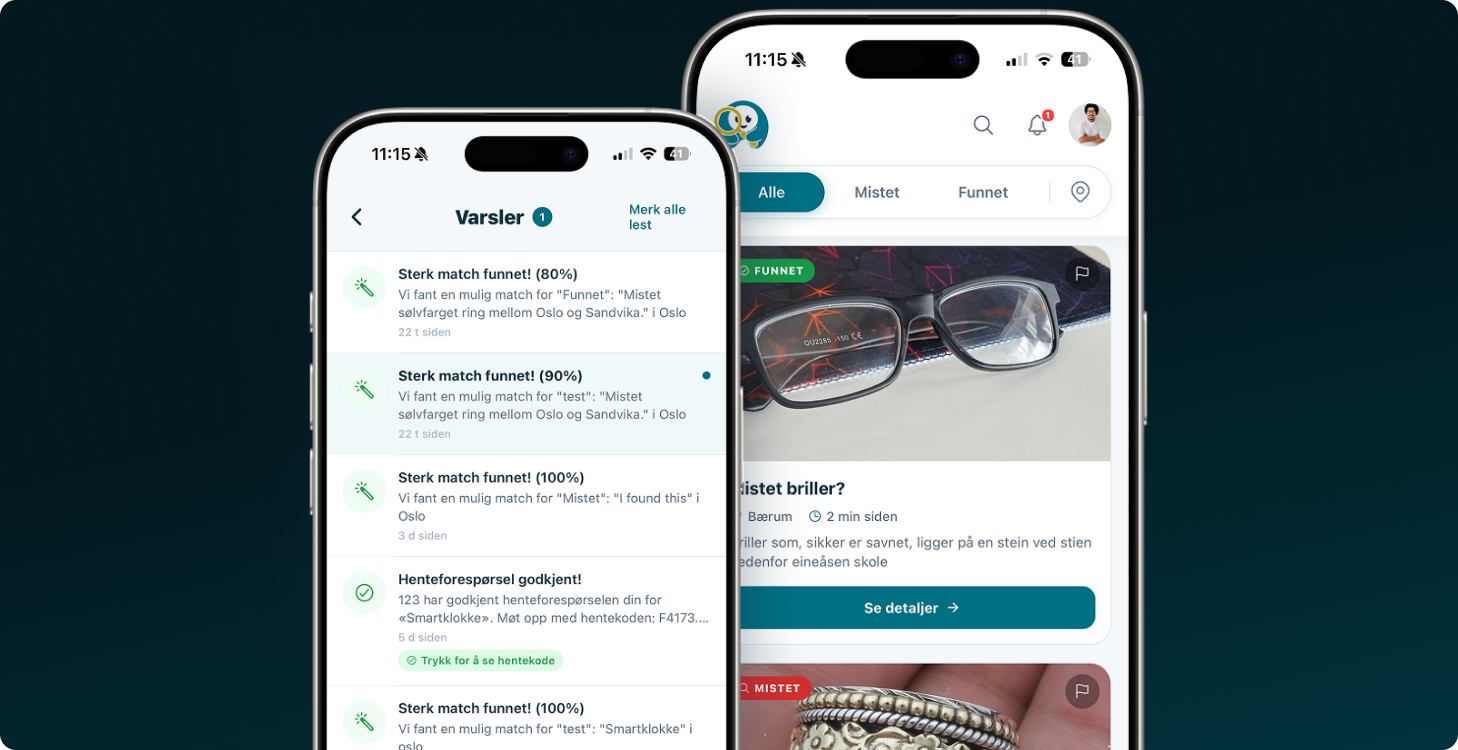 Two phone screens showing AI match notifications and the unified lost-and-found feed