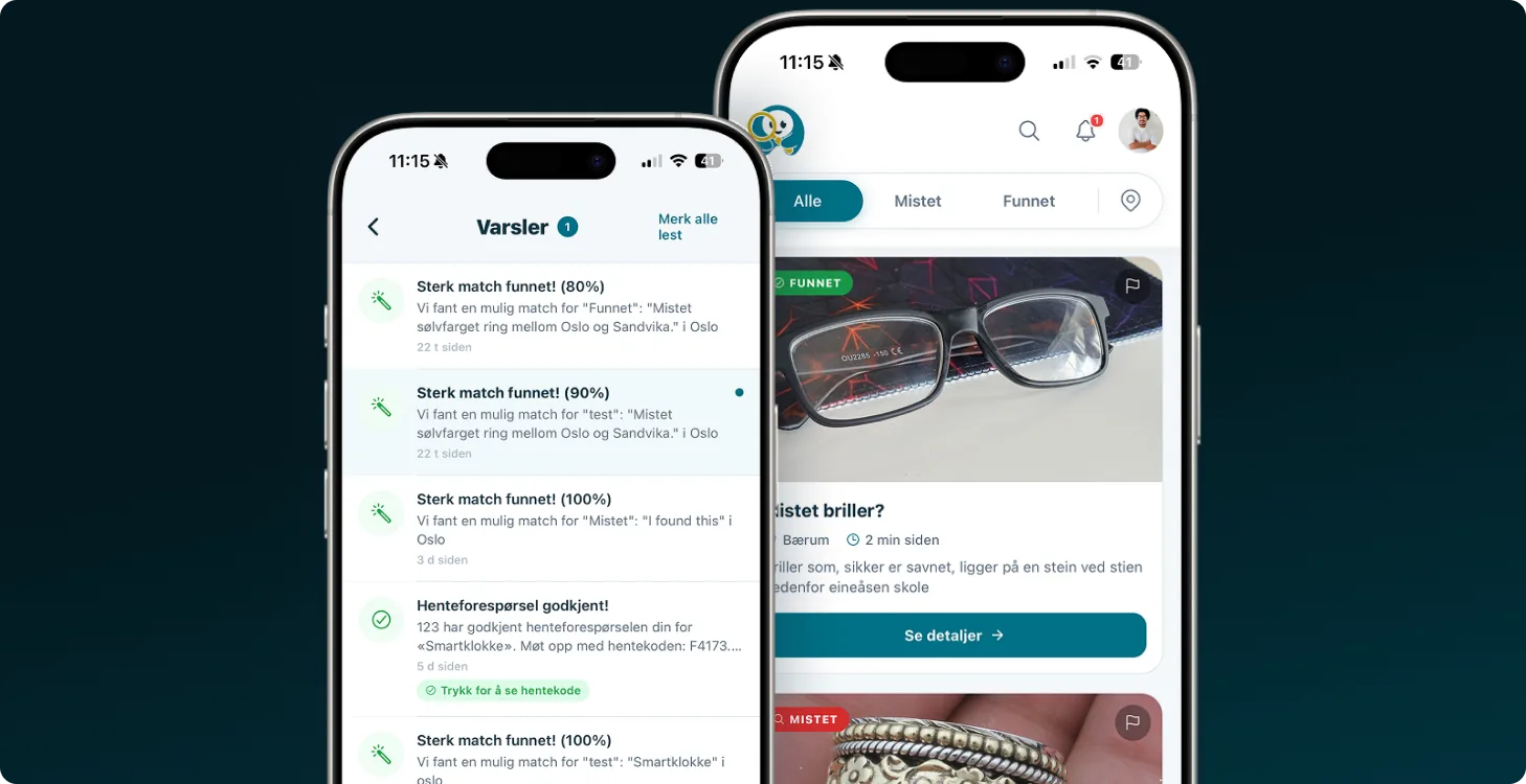 Two phone screens showing AI match notifications and the unified lost-and-found feed