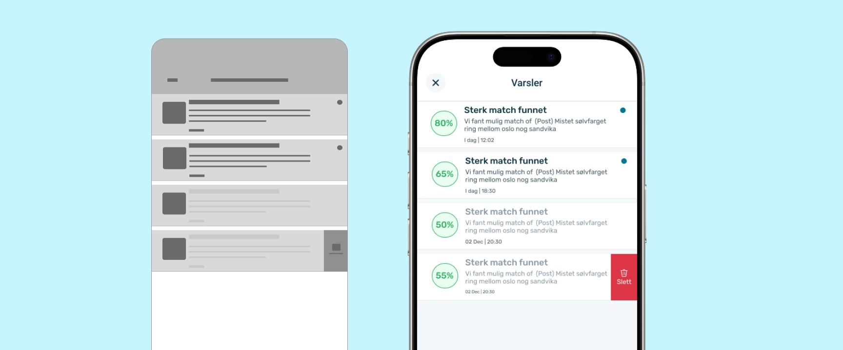 Wireframe versus shipped match notification — showing AI confidence percentages directly in the feed